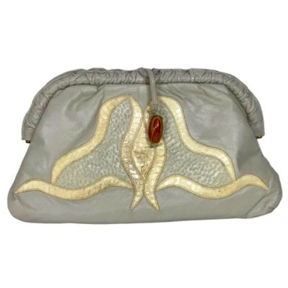 Vintage Grey Real Leather Clutch‎ Bag Boho Eighties Hippie Sexy Party Club
